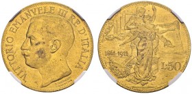 ITALY 
 Vittorio Emanuele III, 1900-1946. 50 Lire 1911 R, Roma. KM 54; Fr. 25. AU. 16.13 g. 20'000 ex.
 NGC MS 62