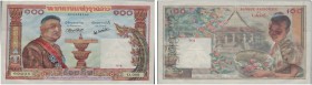 LAO. 
 Banque Nationale du Laos. 100 Kip ND (1957). Specimen. Serial number O.000 / 00000. Red overprint ''004'' on face and back, ''SPECIMEN'' perfo...