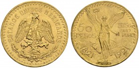 MEXICO. 
 United Mexican States, 1867-. 50 Pesos 1921. KM 481; Fr. 72. AU. 41.70 g. 180'000 ex.
 UNC