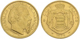 MONACO. 
 Charles III, 1856-1889. 100 Francs 1884 A, Paris. Gad. 122; KM 99; Fr. 11. AU. 32.26 g.
 UNC
