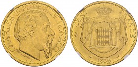 MONACO. 
 Charles III, 1856-1889. 100 Francs 1886 A, Paris. Gad. 122; KM 99; Fr. 11. AU. 32.26 g.
 NGC MS 63
