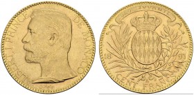 MONACO. 
 Albert I, 1889-1922. 100 Francs 1891 A, Paris. Gad. 124; KM 105; Fr. 13. AU. 32.25 g.
 Nice AU