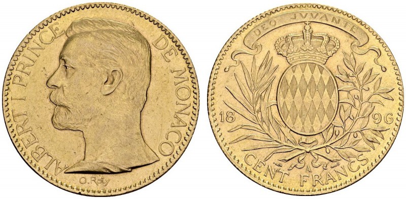 MONACO. 
 Albert I, 1889-1922. 100 Francs 1896 A, Paris. Gad. 124; KM 105; Fr. ...