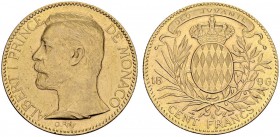 MONACO. 
 Albert I, 1889-1922. 100 Francs 1896 A, Paris. Gad. 124; KM 105; Fr. 13. AU. 32.22 g.
 UNC