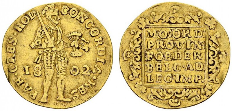 NETHERLANDS. Holland. 
 Batavian Republic, 1795-1806. Ducat 1802. KM 11.3; Fr. ...