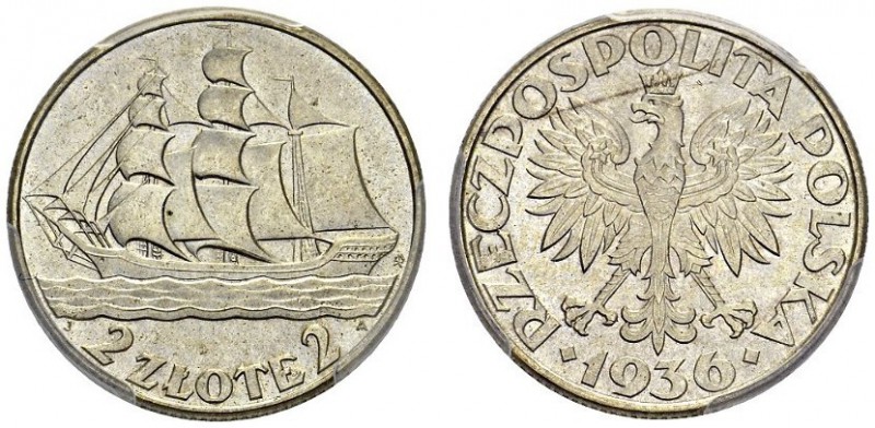 POLAND. 
 Republic, 1918-1939. 2 Zlote 1936. Gdynia seaport. KM 30. AR. 4.40 g....