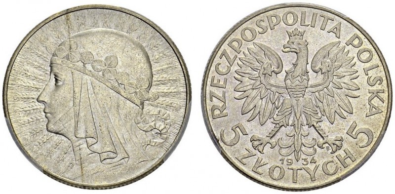 POLAND. 
 Republic, 1918-1939. 5 Zlotych 1934. Queen. KM 21. AR. 11.00 g.
 PCG...