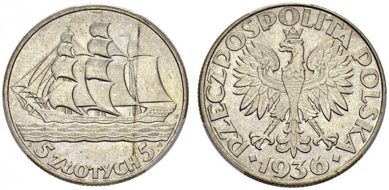 POLAND. 
 Republic, 1918-1939. 5 Zlotych 1936. Gdynia seaport. KM 31. AR. 11.00...