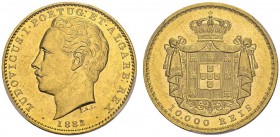 PORTUGAL. 
 Luis I, 1861-1889. 10'000 Reis 1883, Lisboa. Gomes 17.06; KM 520. AU. 17.74 g.
 PCGS MS 62