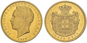 PORTUGAL. 
 Luis I, 1861-1889. 10'000 Reis 1886, Lisboa. Gomes 17.09; KM 520. AU. 17.74 g.
 PCGS MS 63