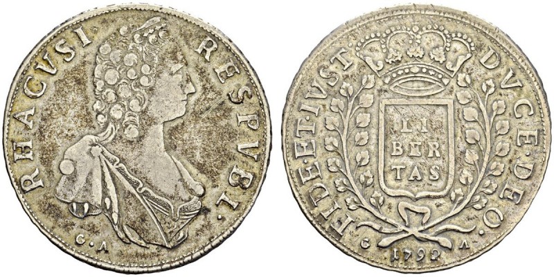 RAGUSA. 
 Republic. 2 Ducati 1792 GA GA. KM 21. AR. 28.62 g.
 VF+