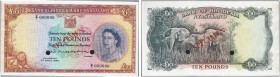 RHODESIA AND NYASALAND. 
 Bank of Rhodesia and Nyasaland. 10 Pounds 3rd April 1956. Specimen. Serial number Z/1 000000. Red overprint ''SPECIMEN'' on...