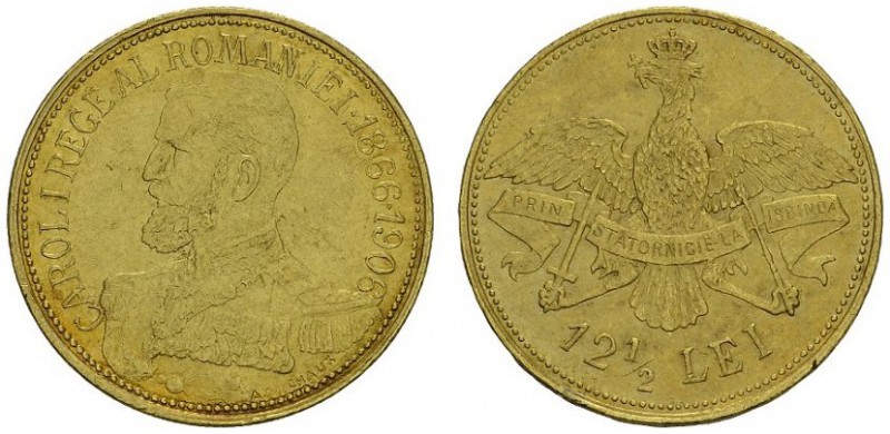 ROMANIA. 
 Carol I, 1881-1914. 12 1/2 Lei 1906. KM 36; Fr. 8. AU. 4.05 g.
 AU