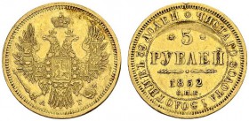 RUSSIA. 
 Nicholas I, 1825-1855. 5 Rubles 1852 C ПБ A Г , Saint Petersburg. KM 175.3; Fr. 155. AU. 6.50 g.
 AU