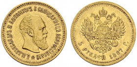 RUSSIA. 
 Alexander III, 1881-1894. 5 Rubles 1887 A Γ , Saint Petersburg. KM 42; Fr. 168. AU. 6.42 g.
 AU