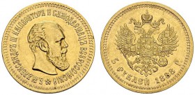 RUSSIA. 
 Alexander III, 1881-1894. 5 Rubles 1888 A Γ , Saint Petersburg. KM 42; Fr. 168. AU. 6.45 g.
 Nice AU