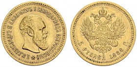RUSSIA. 
 Alexander III, 1881-1894. 5 Rubles 1888 A Γ , Saint Petersburg. KM 42; Fr. 168. AU. 6.43 g.
 AU