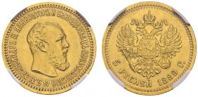 RUSSIA. 
 Alexander III, 1881-1894. 5 Rubles 1889 A Γ , Saint Petersburg. KM 42; Fr. 168. AU. 6.44 g.
 NGC AU 58