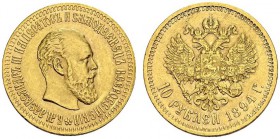 RUSSIA. 
 Alexander III, 1881-1894. 10 Rubles 1894 A Γ , Saint Petersburg. KM A42; Fr. 167. AU. 12.90 g.
 AU