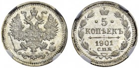 RUSSIA. 
 Nicholas II, 1894-1917. 5 Kopeck 1901 СРБ ФЗ , Saint Petersburg. KM 19a.1. AR. 0.90 g.
 NGC MS 66+