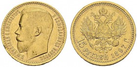 RUSSIA. 
 Nicholas II, 1894-1917. 15 Rubles 1897 A Γ , Saint Petersburg. 4 letters under neck. KM 65.2; Fr. 177. AU. 12,89.
 Nice AU