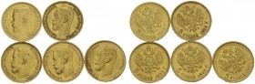 RUSSIA. 
 Nicholas II, 1894-1917. Lot of 5 coins: 5 Roubles 1898 AГ Saint Petersburg. Total (5). KM 62; Fr. 180. AU. 4.30 & 4.30 & 4.27 & 4.28 & 4.26...