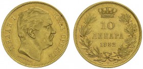 SERBIA. 
 Milan I, 1882-1889. 10 Dinara 1882 V, Vienna. KM 16; Fr. 5. AU. 3.2 g.
 UNC