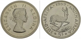 SOUTH AFRICA. 
 Elizabeth II, 1952-. 5 Shilling 1959. KM 52. AR. 28.34 g. R
 UNC PROOFLIKE