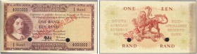 SOUTH AFRICA. 
 South African Reserve Bank. 1 Rand ND (1961). Specimen. Serial number A/2 000000. Red overprint ''SPECIMEN'' on face and back. Punch ...
