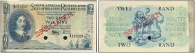 SOUTH AFRICA. 
 South African Reserve Bank. 2 Rand ND (1961). Specimen. Serial number B/2 000000. Red overprint ''SPECIMEN'' on face and back. Punch ...