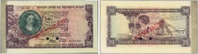 SOUTH AFRICA. 
 South African Reserve Bank. 20 Rand ND (1961). Specimen. Serial number D/1 000000. Red overprint ''SPECIMEN'' on face and back. Punch...