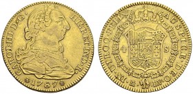 SPAIN. 
 Carlos III, 1759-1788. 4 Escudos 1787 M DV, Madrid. Cal. 363; KM 54.1a. AU. 13.48 g.
 XF