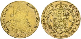 SPAIN. 
 Carlos IV, 1788-1808. 8 Escudos 1802 M FA, Madrid. Cal. 4; KM 437.1. AU. 26.88 g.
 XF