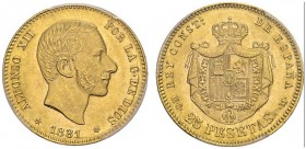 SPAIN. 
 Alfonso XII, 1874-1885. 25 Pesetas 1881 (18-81) MS M, Madrid. Cal. 14; KM 687. AU. 8.06 g.
 PCGS MS 64