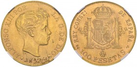 SPAIN. 
 Alfonso XIII, 1886-1931. 100 Pesetas 1897 (19-62) SG V, Madrid. Cal. 2; KM 708. AU. 32.26 g.
 NGC MS 64