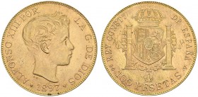 SPAIN. 
 Alfonso XIII, 1886-1931. 100 Pesetas 1897 (19-62) SG V, Madrid. Cal. 2; KM 708. AU. 32.26 g.
 Nice UNC
