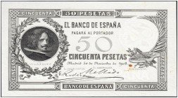 SPAIN. 
 El Banco de España. 50 Pesetas 30 Noviembre 1902. Black trial of face. Without serial number. A modern postcard is joined. Pick 52 var.
 XF...