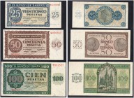 SPAIN. 
 El Banco de España. Lot of 3 banknotes : 25, 50 and 100 Pesetas 21 Noviembre 1936. Total (3). Pick 99 & 100 & 101.
 XF & UNC & XF