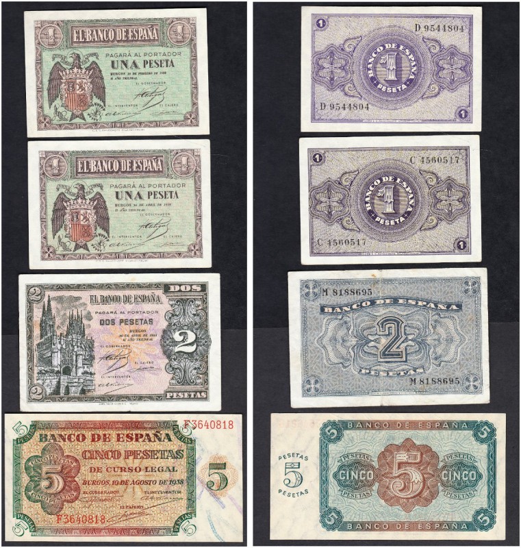 SPAIN. 
 El Banco de España. Lot of 4 banknotes : 1 Peseta 28 Febrero 1938, 1 a...