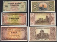 SPAIN. 
 El Banco de España. Lot of 3 banknotes : 25, 50, 100 Pesetas 25 Mayo 1938. Total (3). Pick 111 & 112 & 113.
 XF (2) & VF