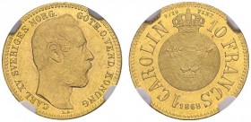 SWEDEN. 
 Carl XV Adolf, 1859-1872. 1 Carolin / 10 Francs 1868. KM 716; Fr. 92. AU. 3.23 g.
 NGC MS 64