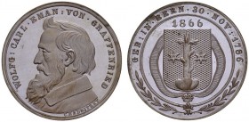 Bern. 
 Copper medal 1866, by Radnitzky. 80th anniversary of Graffenried. Obv. WOLFG CARL EMAN VON GRAFFENRIED. Bust left. Rev. GEB IN BERN 30 NOV 17...
