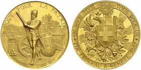 Genève / Genf. 
 Médaille gravée par Hugues Bovy. Médaille en or 1887. Tir fédéral à Genève. Dans le coffret d'origine. AU. 77.90 g.
 TTB