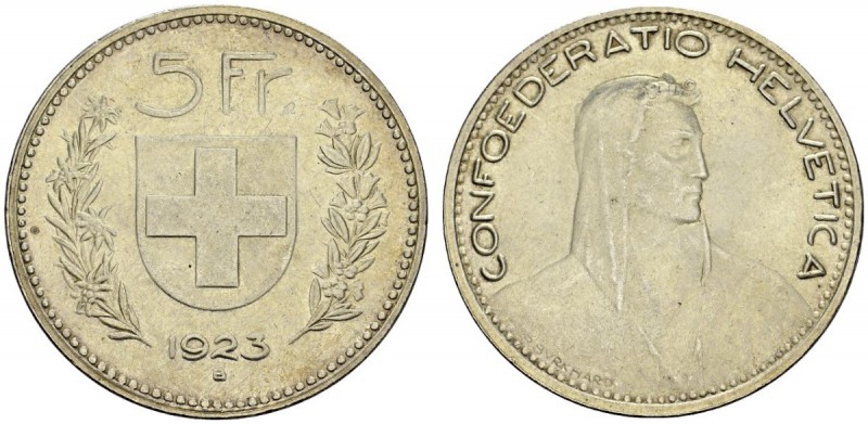 SWITZERLAND. 
 Confederation, 1848-. 5 Francs 1923 B, Bern. HMZ 2-1199c. AR. 25...