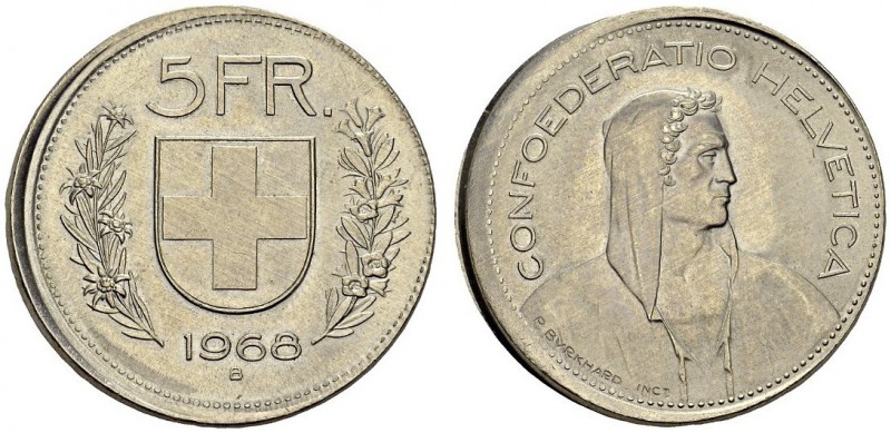 SWITZERLAND. 
 Confederation, 1848-. 5 Francs 1968 B. Fautée, frappe hors virol...