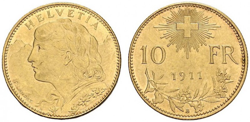 SWITZERLAND. 
 Confederation, 1848-. 10 Francs 1911 B, Bern. HMZ 2-1196a. AU. 3...