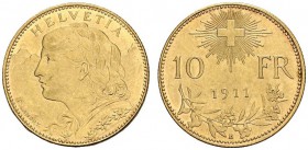 SWITZERLAND. 
 Confederation, 1848-. 10 Francs 1911 B, Bern. HMZ 2-1196a. AU. 3.22 g.
 UNC