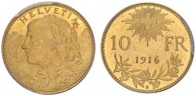 SWITZERLAND. 
 Confederation, 1848-. 10 Francs 1916 B, Bern. HMZ 2-1196f. AU. 3.22 g.
 PCGS MS 66