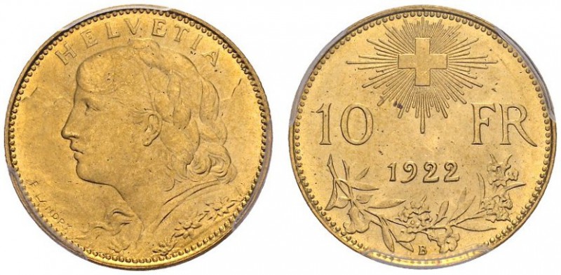 SWITZERLAND. 
 Confederation, 1848-. 10 Francs 1922 B, Bern. HMZ 2-1196g. AU. 3...