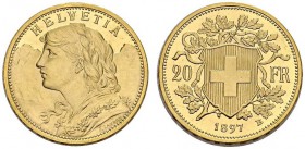 SWITZERLAND. 
 Confederation, 1848-. 20 Francs 1897 B, Bern. STIRNLOCKE pattern in gold. Obv. HELVETIA. Bust left, mountain in background. Rev. 20 FR...